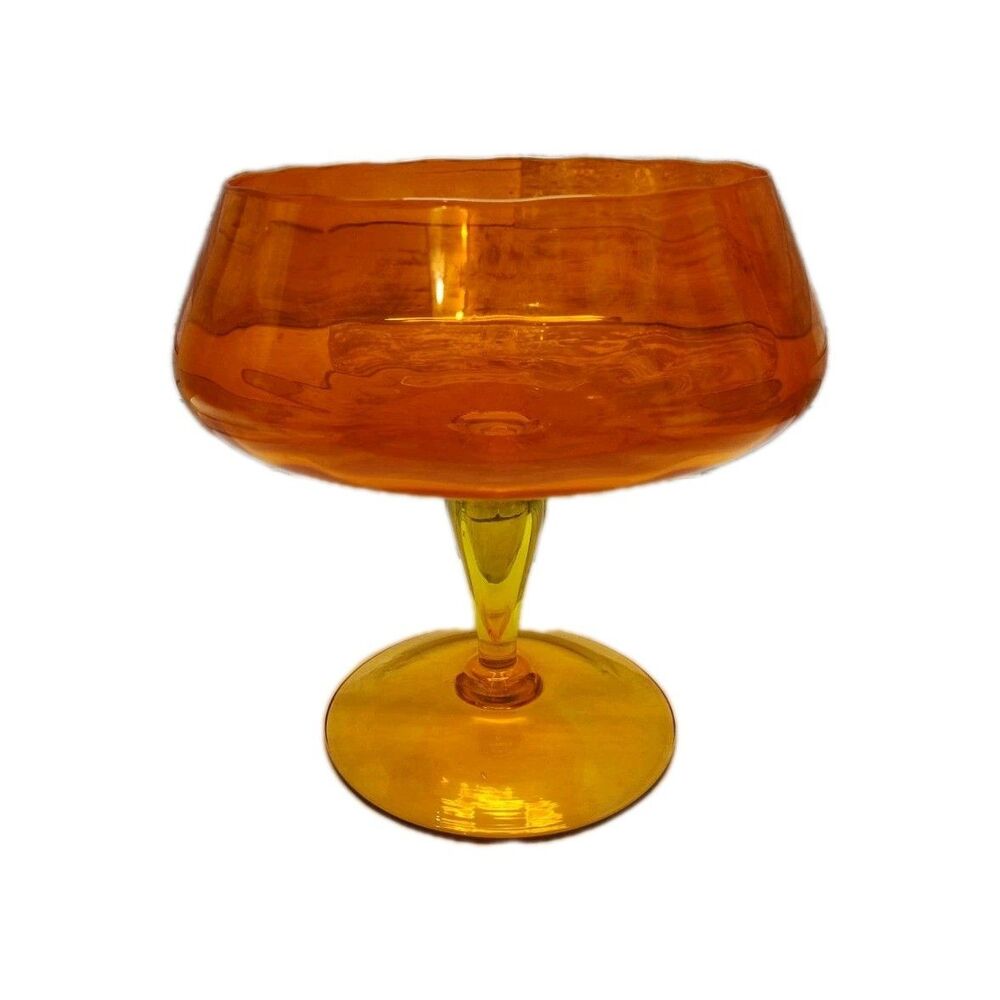 Vintage MCM Empoli Block Optic Tangerine Footed Compote Glows Vaseline Glass